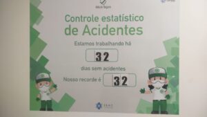 Quadro de controle de acidentes no formato retangular nas cores verde e branco. O quadro descreve que a unidade está há 32 dias com zero registros de acidentes